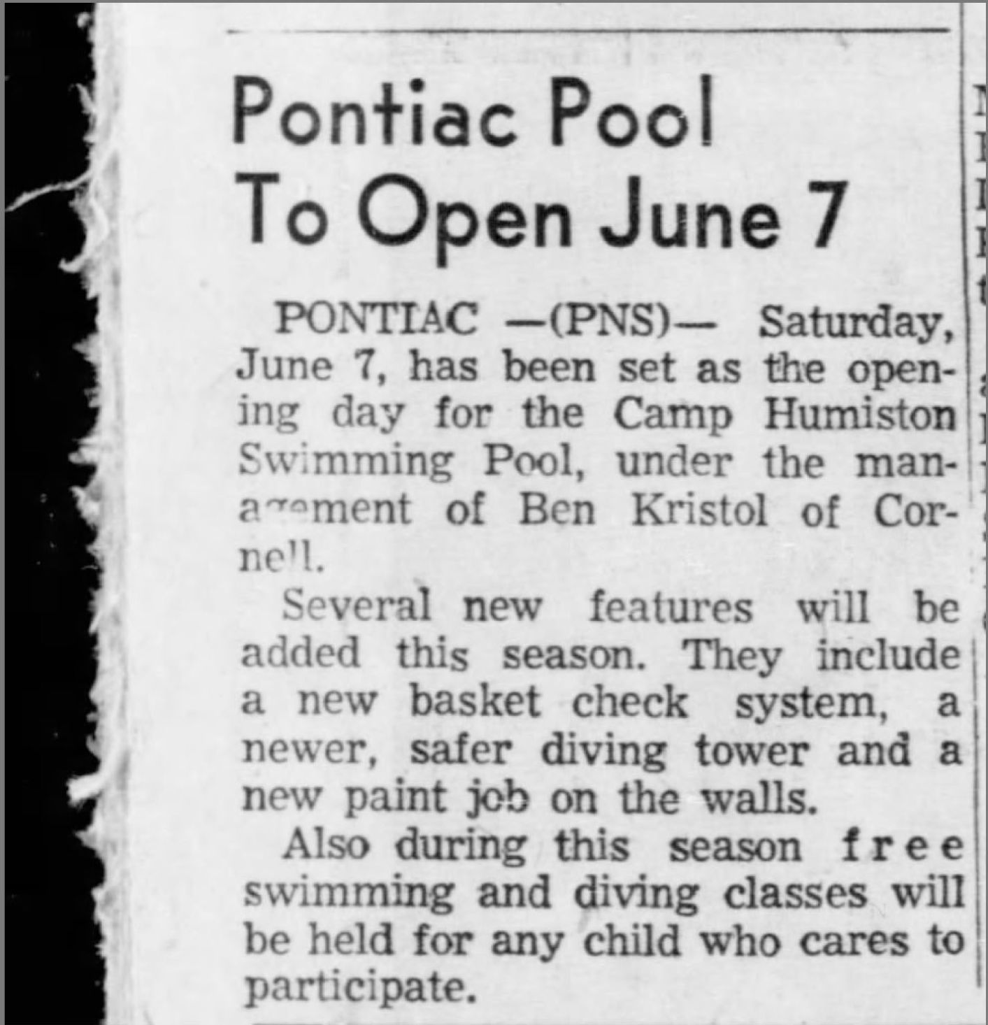 Pontiac Pool To Open June 7